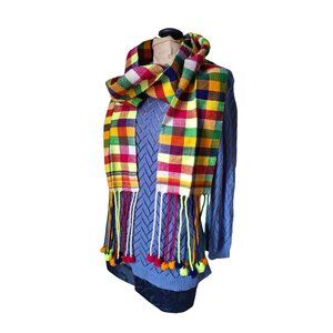 Peruvian Scarf Muffler with Pom Poms Colourful Woven Herringbone Handmade